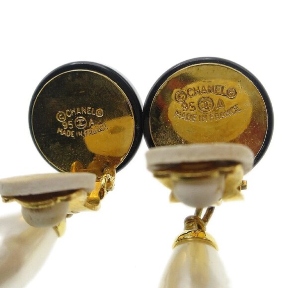 Chanel Artificial Pearl Dangle Earrings Clip-On Gold Black - Picture 3 of 4